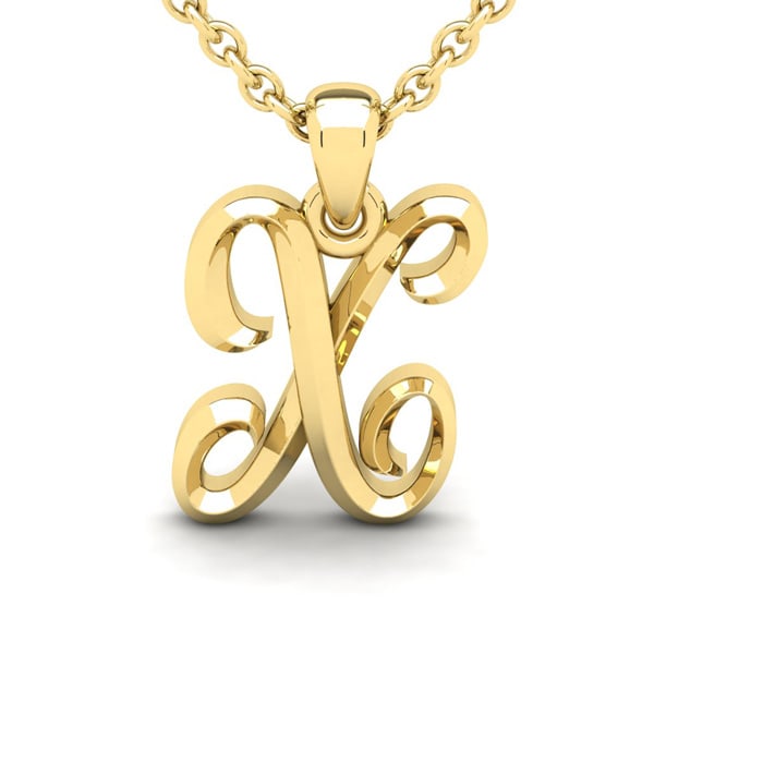 Letter X Swirly Initial Necklace In Heavy 14K Yellow Gold With Free 18 Inch Cable Chain