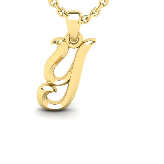 Letter Y Swirly Initial Necklace In Heavy 14K Yellow Gold With Free 18 Inch Cable Chain