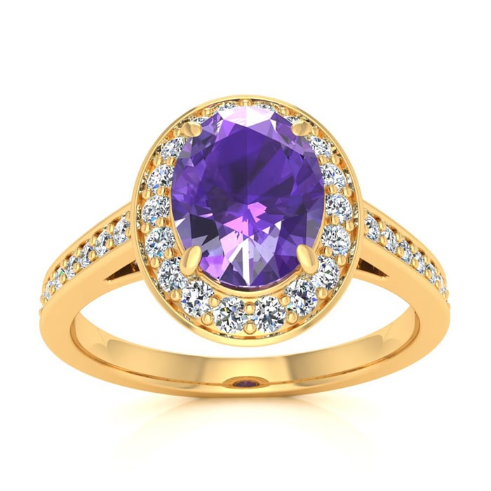 1 1/3 Carat Oval Shape Amethyst and Halo Diamond Ring In 14 Karat Yellow Gold