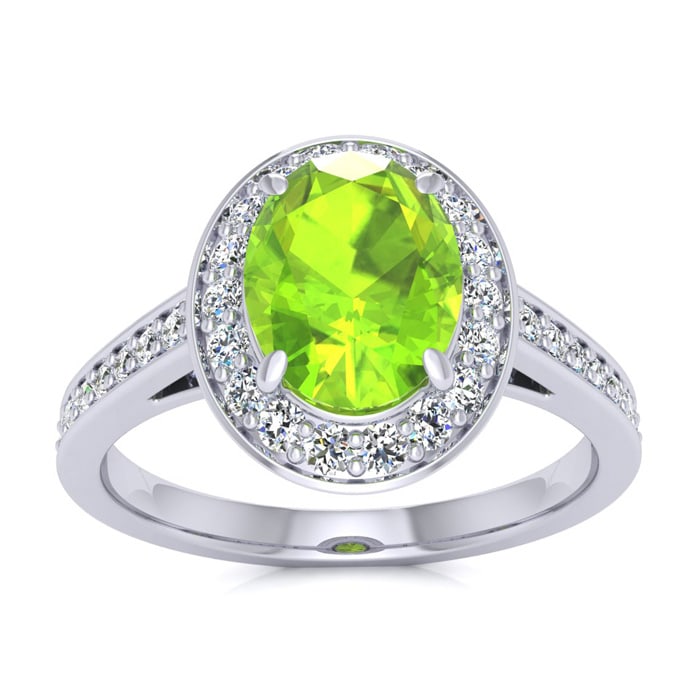 1 1/2 Carat Oval Shape Peridot and Halo Diamond Ring In 14 Karat White Gold