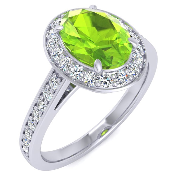 1 1/2 Carat Oval Shape Peridot and Halo Diamond Ring In 14 Karat White Gold