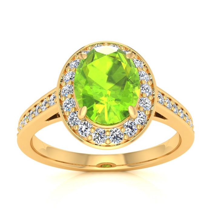1 1/2 Carat Oval Shape Peridot and Halo Diamond Ring In 14 Karat Yellow Gold