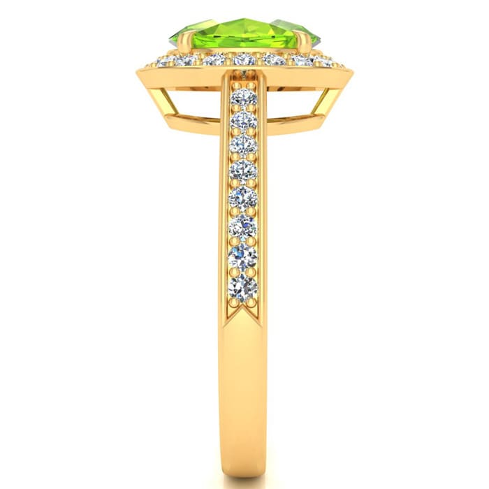 1 1/2 Carat Oval Shape Peridot and Halo Diamond Ring In 14 Karat Yellow Gold
