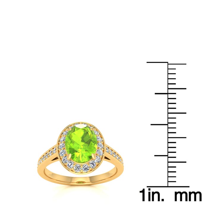 1 1/2 Carat Oval Shape Peridot and Halo Diamond Ring In 14 Karat Yellow Gold