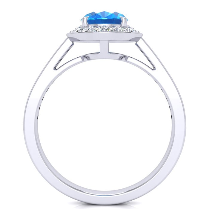 1 3/4 Carat Oval Shape Blue Topaz and Halo Diamond Ring In 14 Karat White Gold