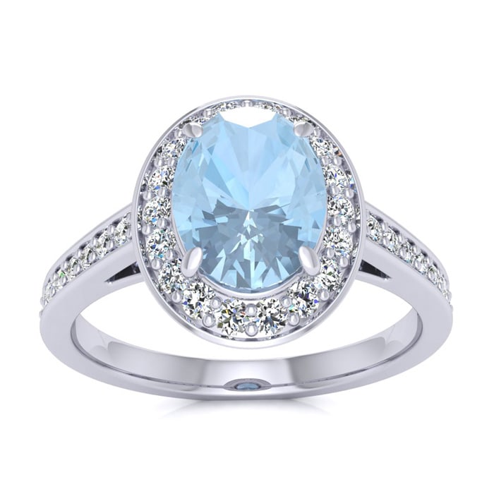 Aquamarine Ring: Aquamarine Jewelry: 1 1/2 Carat Oval Shape Aquamarine and Halo Diamond Ring In 14 Karat White Gold