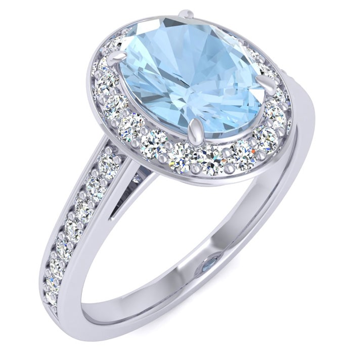 Aquamarine Ring: Aquamarine Jewelry: 1 1/2 Carat Oval Shape Aquamarine and Halo Diamond Ring In 14 Karat White Gold