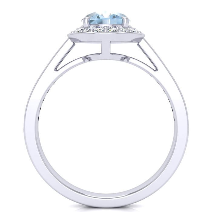 Aquamarine Ring: Aquamarine Jewelry: 1 1/2 Carat Oval Shape Aquamarine and Halo Diamond Ring In 14 Karat White Gold
