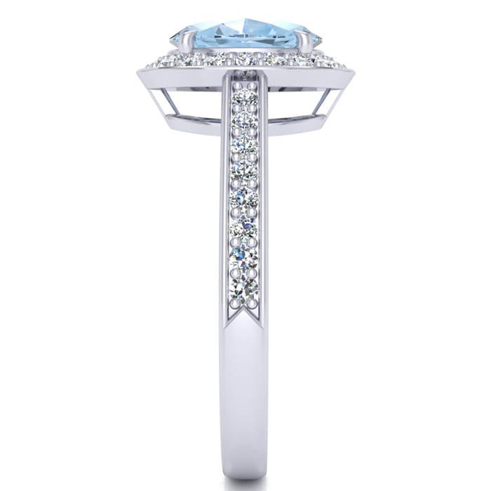 Aquamarine Ring: Aquamarine Jewelry: 1 1/2 Carat Oval Shape Aquamarine and Halo Diamond Ring In 14 Karat White Gold
