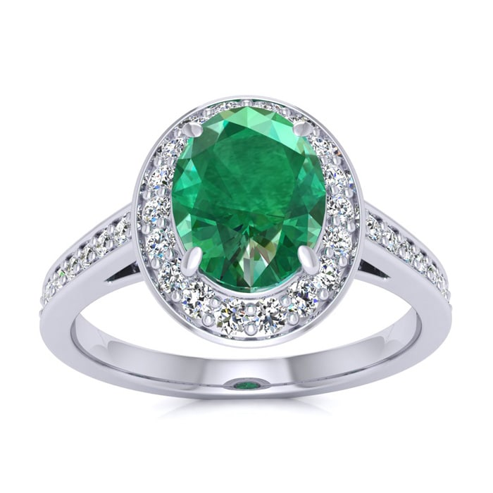 1 1/2 Carat Oval Shape Emerald and Halo Diamond Ring In 14 Karat White Gold
