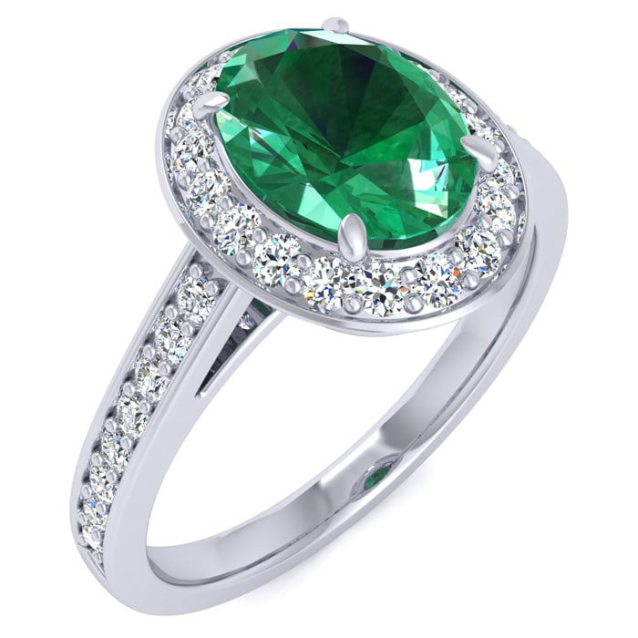 1 1/2 Carat Oval Shape Emerald and Halo Diamond Ring In 14 Karat White Gold