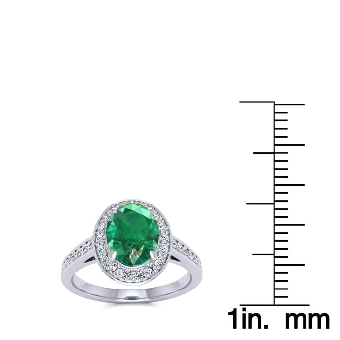 1 1/2 Carat Oval Shape Emerald and Halo Diamond Ring In 14 Karat White Gold