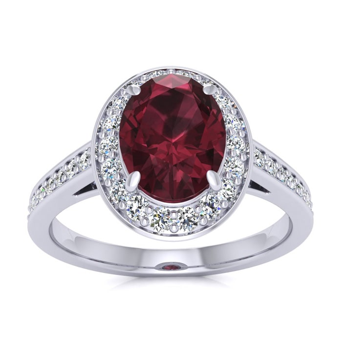 Garnet Ring: Garnet Jewelry: 1 3/4 Carat Oval Shape Garnet and Halo Diamond Ring In 14 Karat White Gold