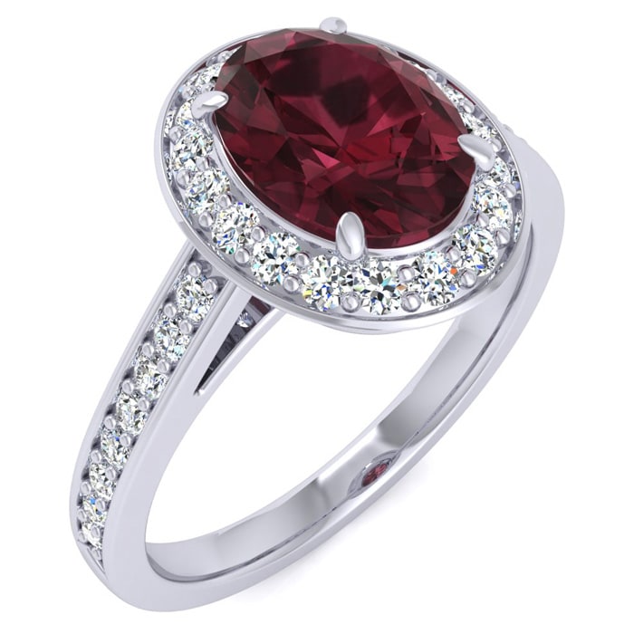 Garnet Ring: Garnet Jewelry: 1 3/4 Carat Oval Shape Garnet and Halo Diamond Ring In 14 Karat White Gold