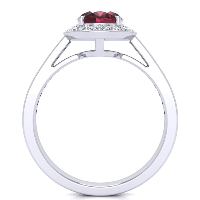Garnet Ring: Garnet Jewelry: 1 3/4 Carat Oval Shape Garnet and Halo Diamond Ring In 14 Karat White Gold