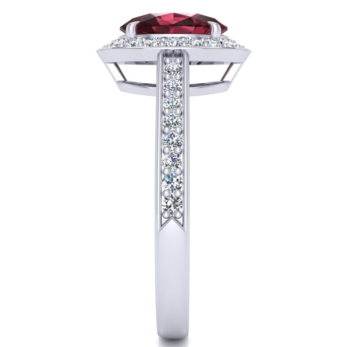 Garnet Ring: Garnet Jewelry: 1 3/4 Carat Oval Shape Garnet and Halo Diamond Ring In 14 Karat White Gold