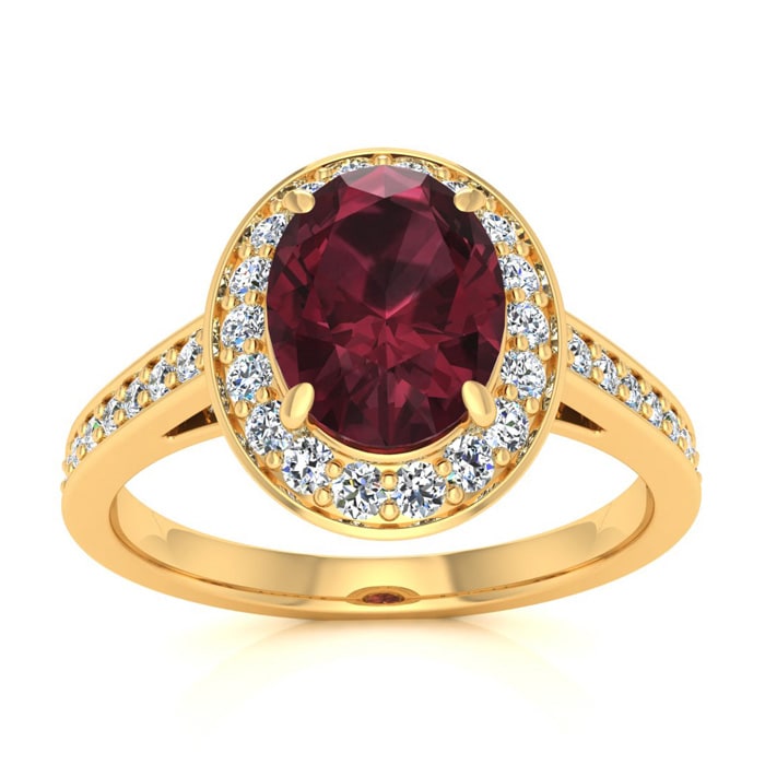 Garnet Ring: Garnet Jewelry: 1 3/4 Carat Oval Shape Garnet and Halo Diamond Ring In 14 Karat Yellow Gold