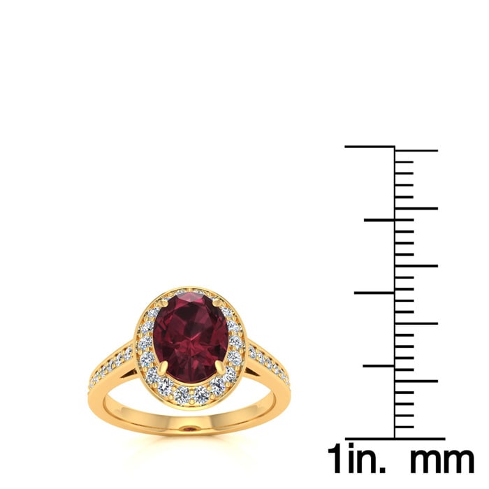 Garnet Ring: Garnet Jewelry: 1 3/4 Carat Oval Shape Garnet and Halo Diamond Ring In 14 Karat Yellow Gold