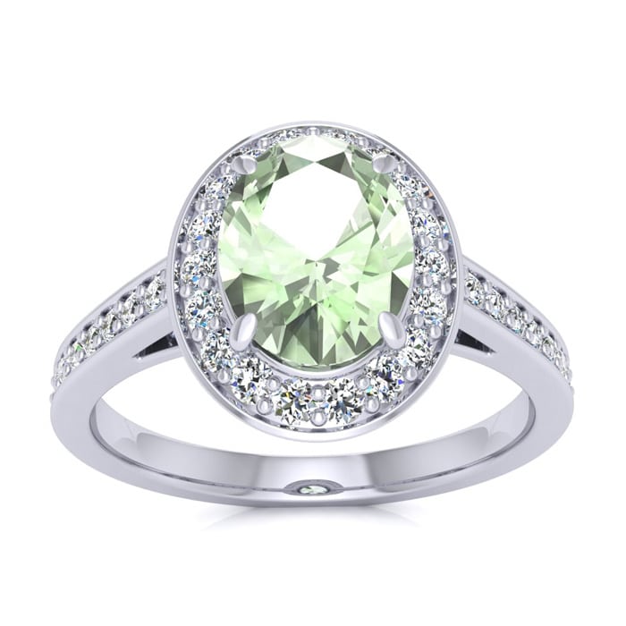 1 1/3 Carat Oval Shape Green Amethyst and Halo Diamond Ring In 14 Karat White Gold
