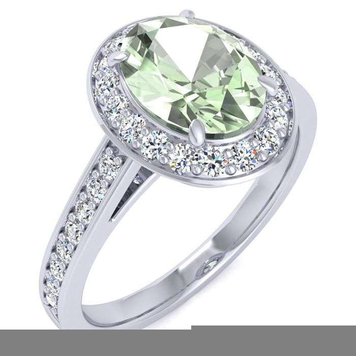 1 1/3 Carat Oval Shape Green Amethyst and Halo Diamond Ring In 14 Karat White Gold