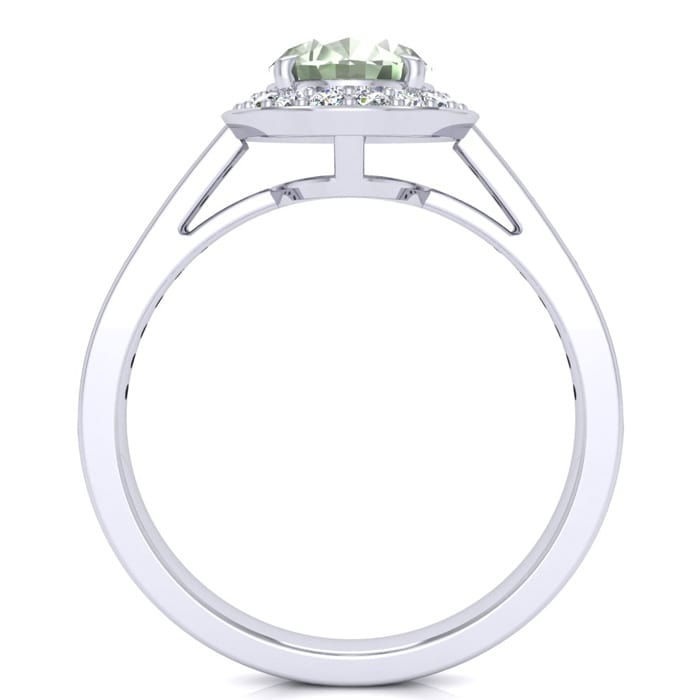 1 1/3 Carat Oval Shape Green Amethyst and Halo Diamond Ring In 14 Karat White Gold