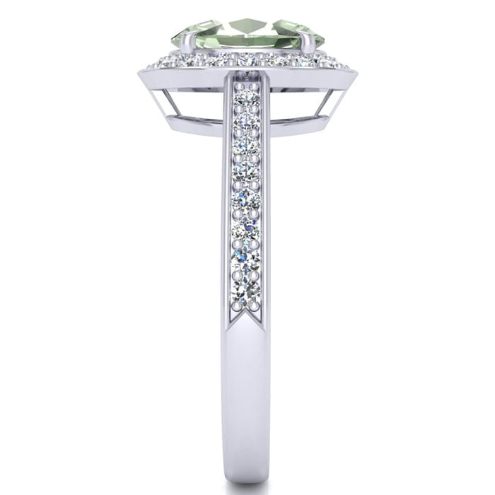 1 1/3 Carat Oval Shape Green Amethyst and Halo Diamond Ring In 14 Karat White Gold
