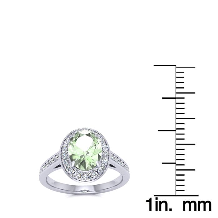 1 1/3 Carat Oval Shape Green Amethyst and Halo Diamond Ring In 14 Karat White Gold