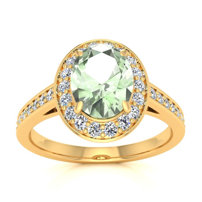 1 1/3 Carat Oval Shape Green Amethyst and Halo Diamond Ring In 14 Karat Yellow Gold