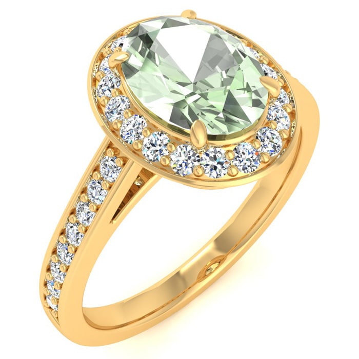 1 1/3 Carat Oval Shape Green Amethyst and Halo Diamond Ring In 14 Karat Yellow Gold
