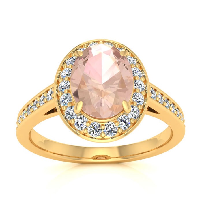 1-1/2 Carat Oval Shape Morganite and Halo Diamond Ring In 14 Karat Yellow Gold