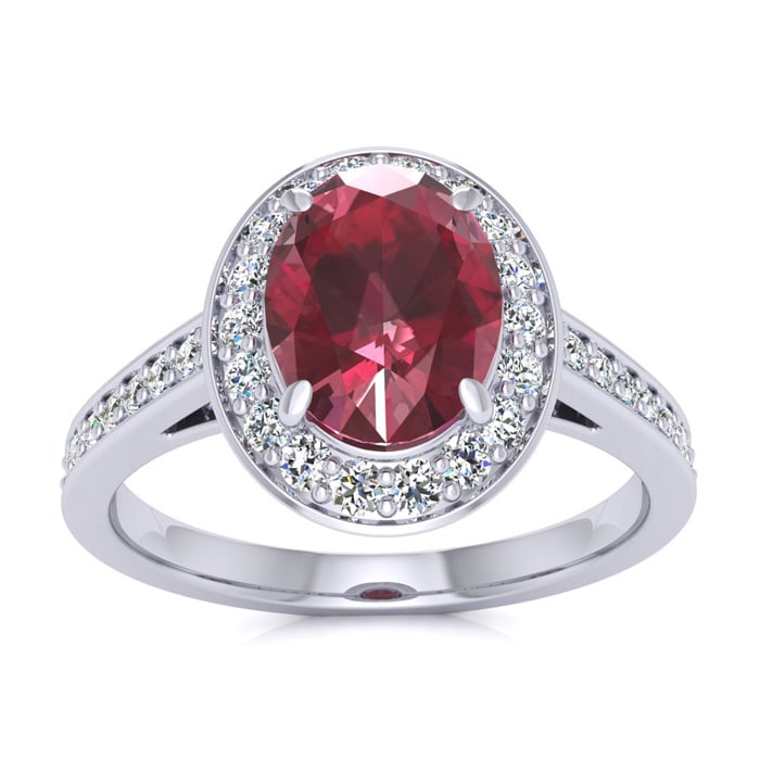 1 3/4 Carat Oval Shape Ruby and Halo Diamond Ring In 14 Karat White Gold