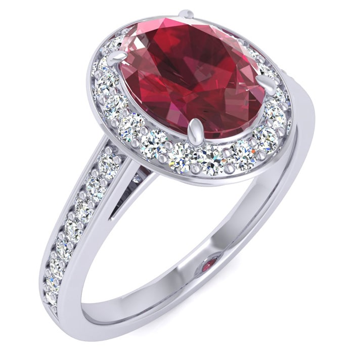 1 3/4 Carat Oval Shape Ruby and Halo Diamond Ring In 14 Karat White Gold