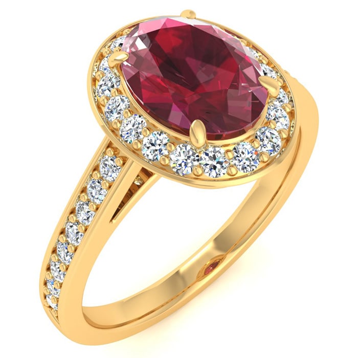 1 3/4 Carat Oval Shape Ruby and Halo Diamond Ring In 14 Karat Yellow Gold