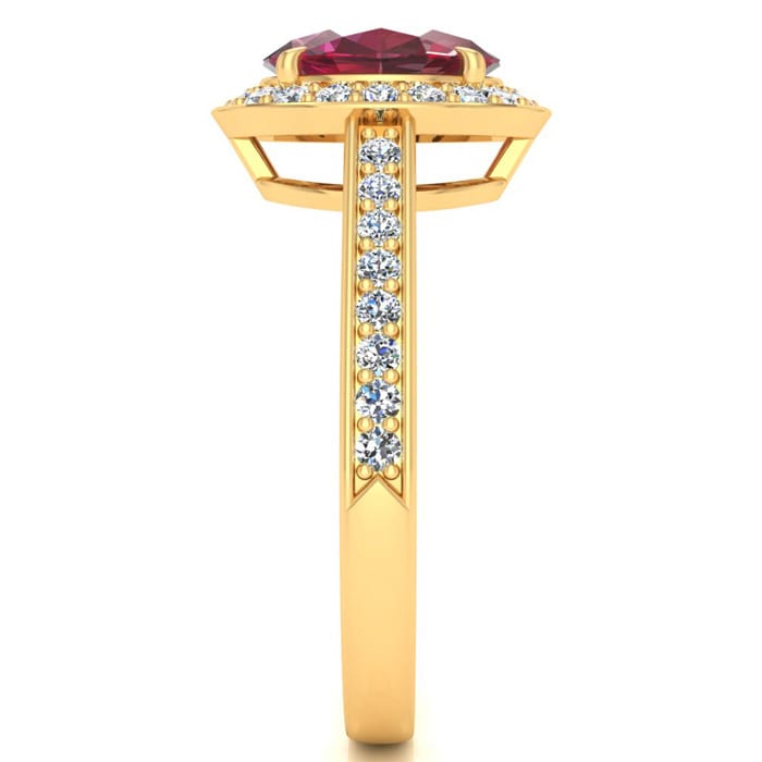 1 3/4 Carat Oval Shape Ruby and Halo Diamond Ring In 14 Karat Yellow Gold