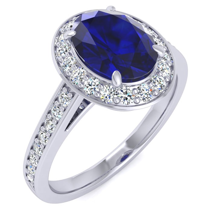 1 3/4 Carat Oval Shape Sapphire and Halo Diamond Ring In 14 Karat White Gold