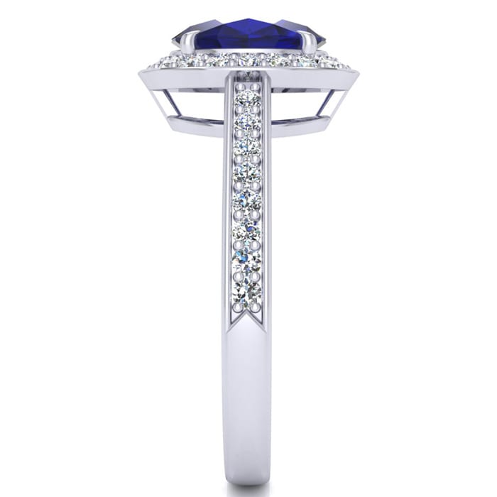 1 3/4 Carat Oval Shape Sapphire and Halo Diamond Ring In 14 Karat White Gold