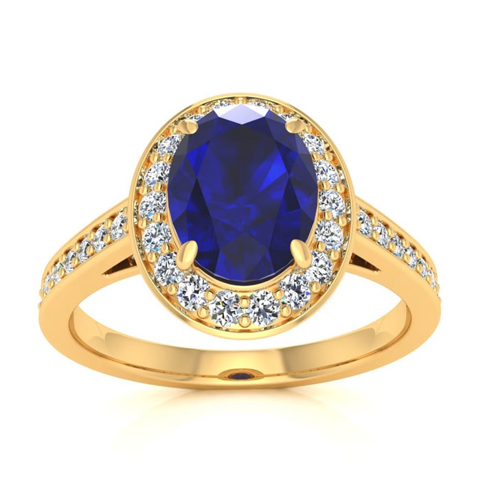 1 3/4 Carat Oval Shape Sapphire and Halo Diamond Ring In 14 Karat Yellow Gold