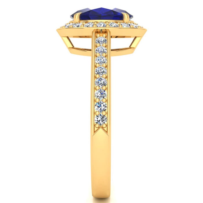 1 3/4 Carat Oval Shape Sapphire and Halo Diamond Ring In 14 Karat Yellow Gold