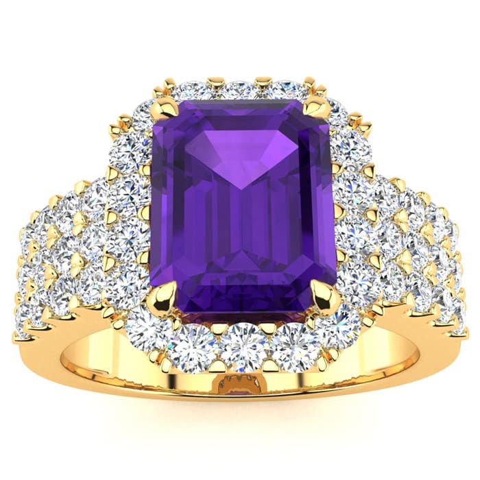 3 Carat Amethyst and Halo Diamond Ring In 14 Karat Yellow Gold