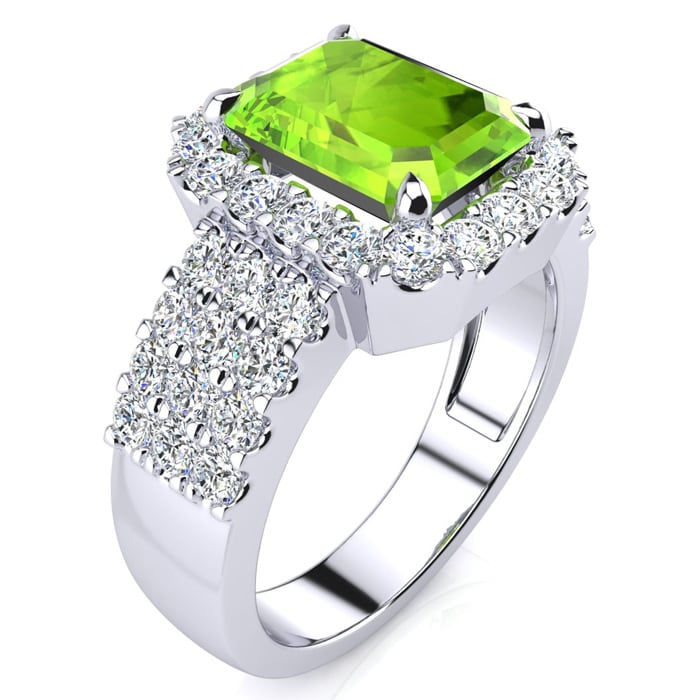 3 1/2 Carat Peridot and Halo Diamond Ring In 14 Karat White Gold
