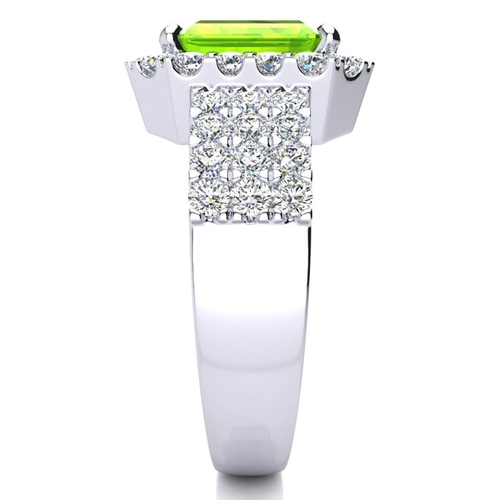3 1/2 Carat Peridot and Halo Diamond Ring In 14 Karat White Gold