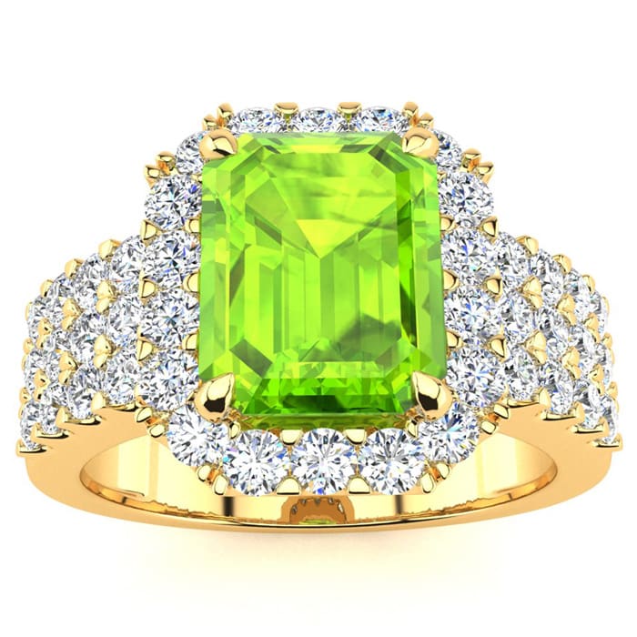 3 1/2 Carat Peridot and Halo Diamond Ring In 14 Karat Yellow Gold