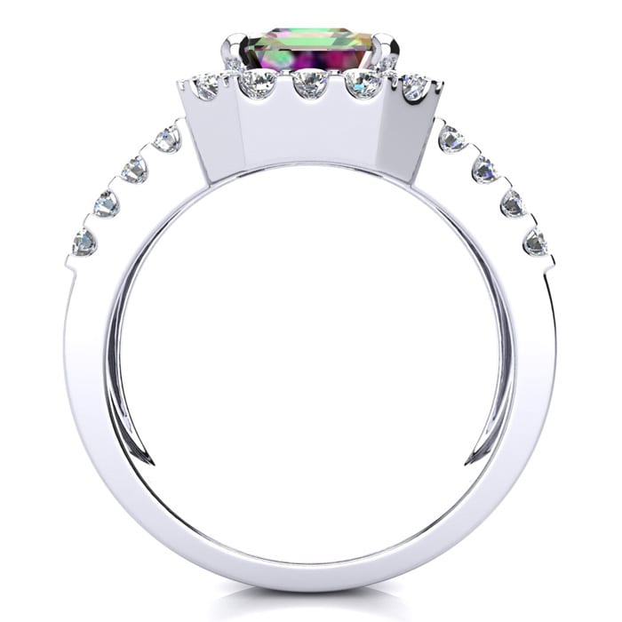 3 Carat Octagon Shape Mystic Topaz Ring With Diamond Halo and Three Rows of Diamonds In 14 Karat White Gold