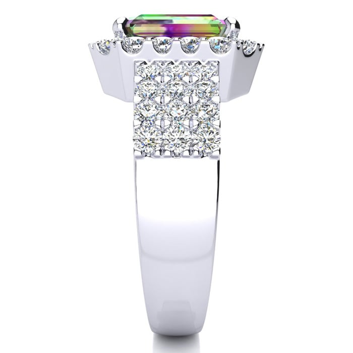 3 Carat Octagon Shape Mystic Topaz Ring With Diamond Halo and Three Rows of Diamonds In 14 Karat White Gold