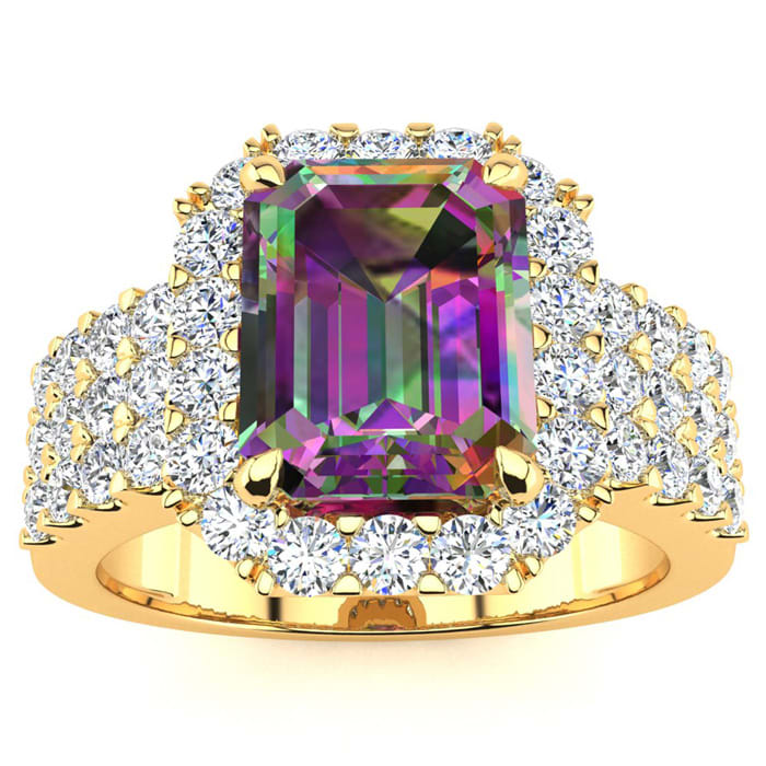 3 Carat Octagon Shape Mystic Topaz Ring With Diamond Halo and Three Rows of Diamonds In 14 Karat Yellow Gold