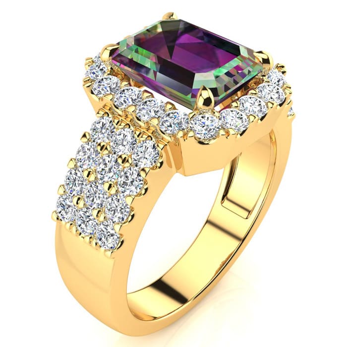 3 Carat Octagon Shape Mystic Topaz Ring With Diamond Halo and Three Rows of Diamonds In 14 Karat Yellow Gold