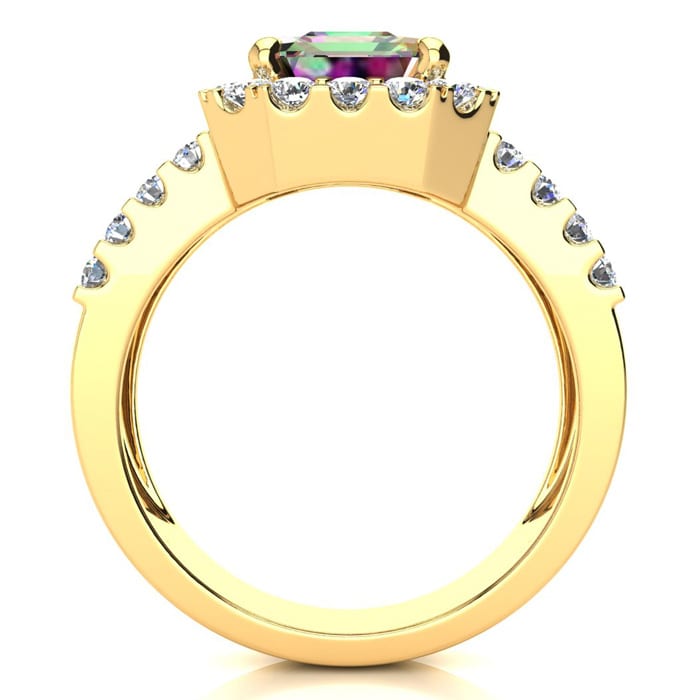 3 Carat Octagon Shape Mystic Topaz Ring With Diamond Halo and Three Rows of Diamonds In 14 Karat Yellow Gold