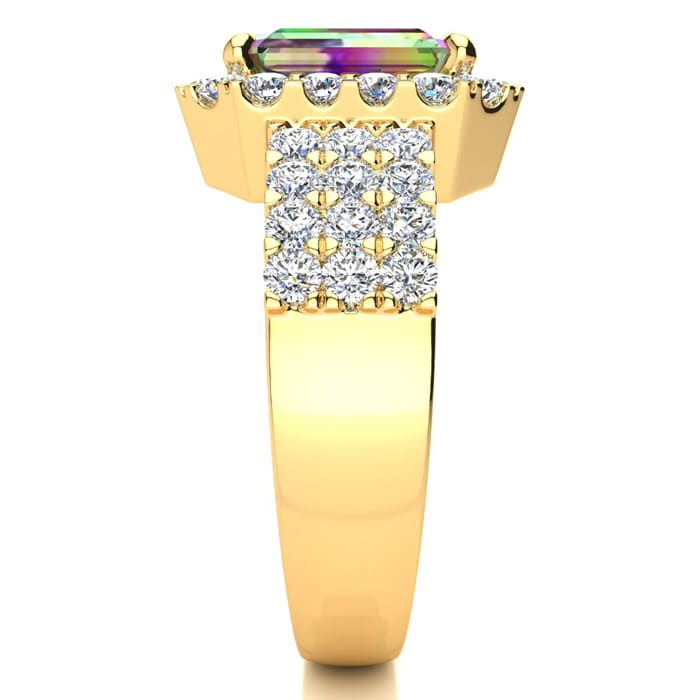 3 Carat Octagon Shape Mystic Topaz Ring With Diamond Halo and Three Rows of Diamonds In 14 Karat Yellow Gold