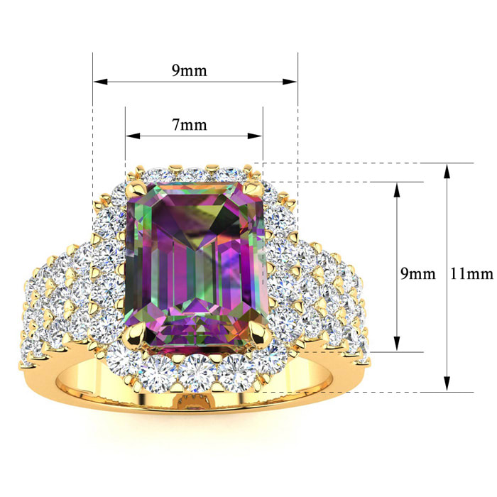 3 Carat Octagon Shape Mystic Topaz Ring With Diamond Halo and Three Rows of Diamonds In 14 Karat Yellow Gold