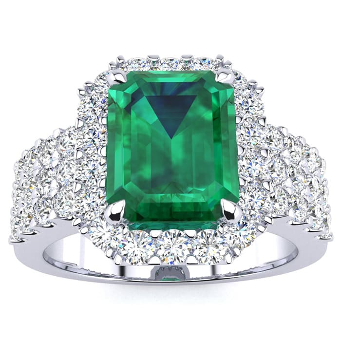 3 Carat Emerald and Halo Diamond Ring In 14 Karat White Gold